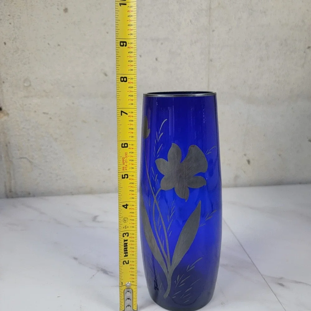Vintage Cobalt Blue Czech Glass 8.5 Inch Vase Hand Painted‎ Silver Flowers